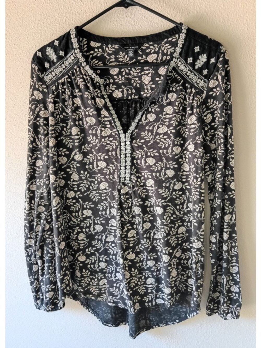 Lucky Brand Boho Embroidered Tunic Top Black Cream L